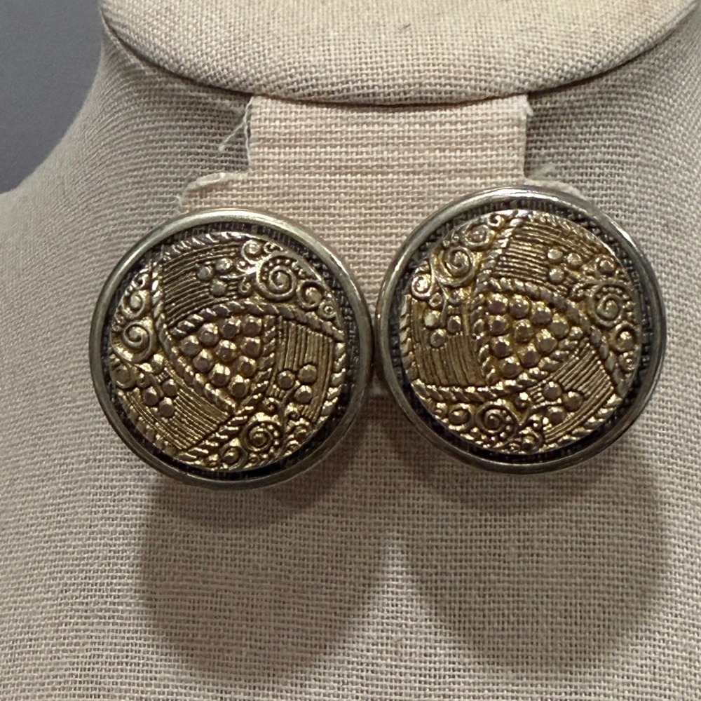 Vintage Etruscan Ornate Textured Clip On Earrings Gold Tone Silver Tone Large